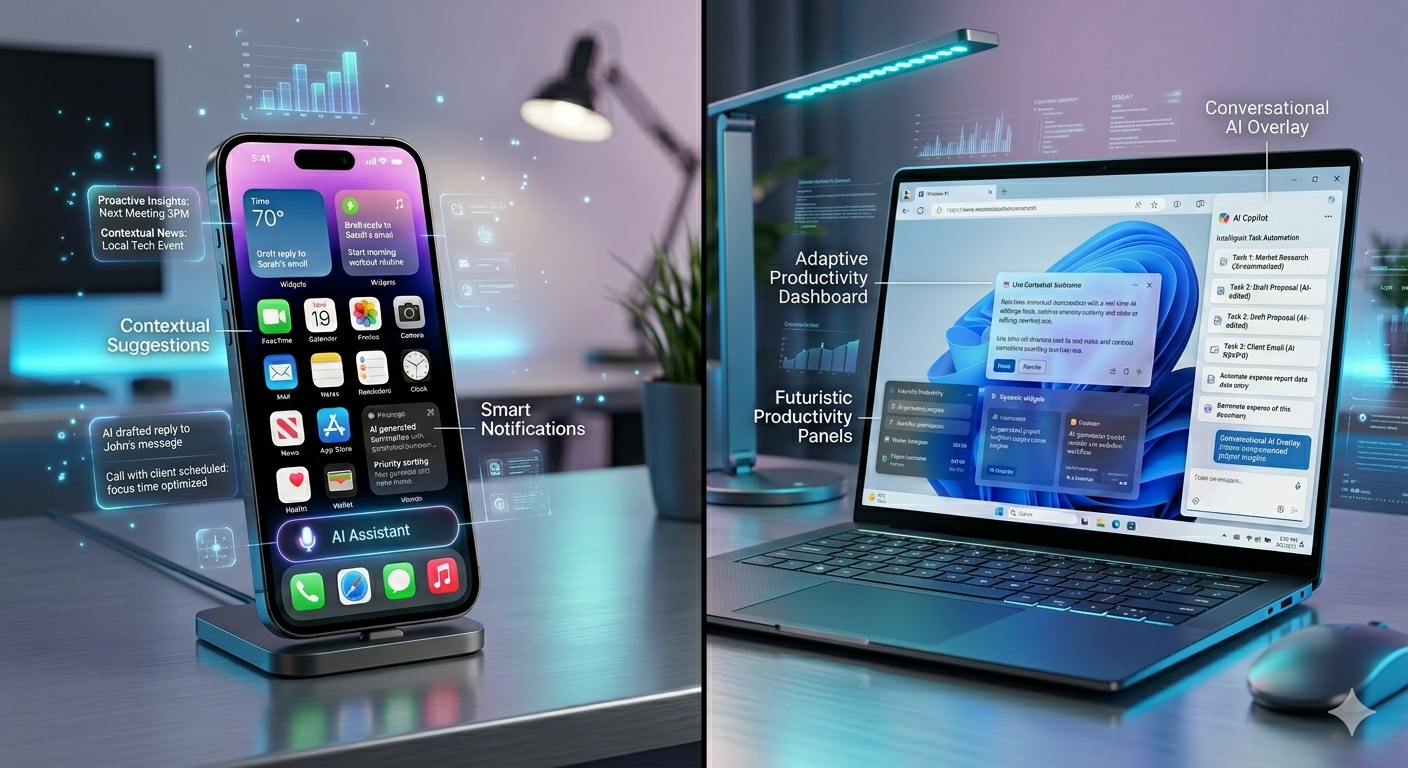 Side-by-side showing Apple Intelligence on iPhone and Microsoft Copilot+ on a Windows laptop