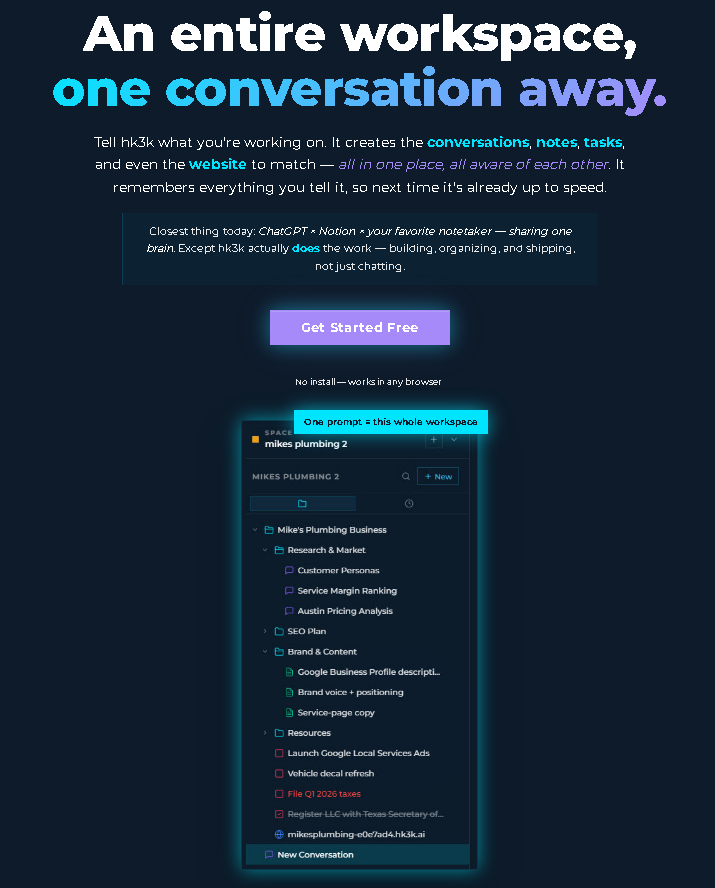 hk3k AI workspace dashboard showing landing page hero section "An entire workspace, one conversation away" with Get Started Free CTA and AI-powered workspace combining notes, tasks, conversations, and project organization in one system