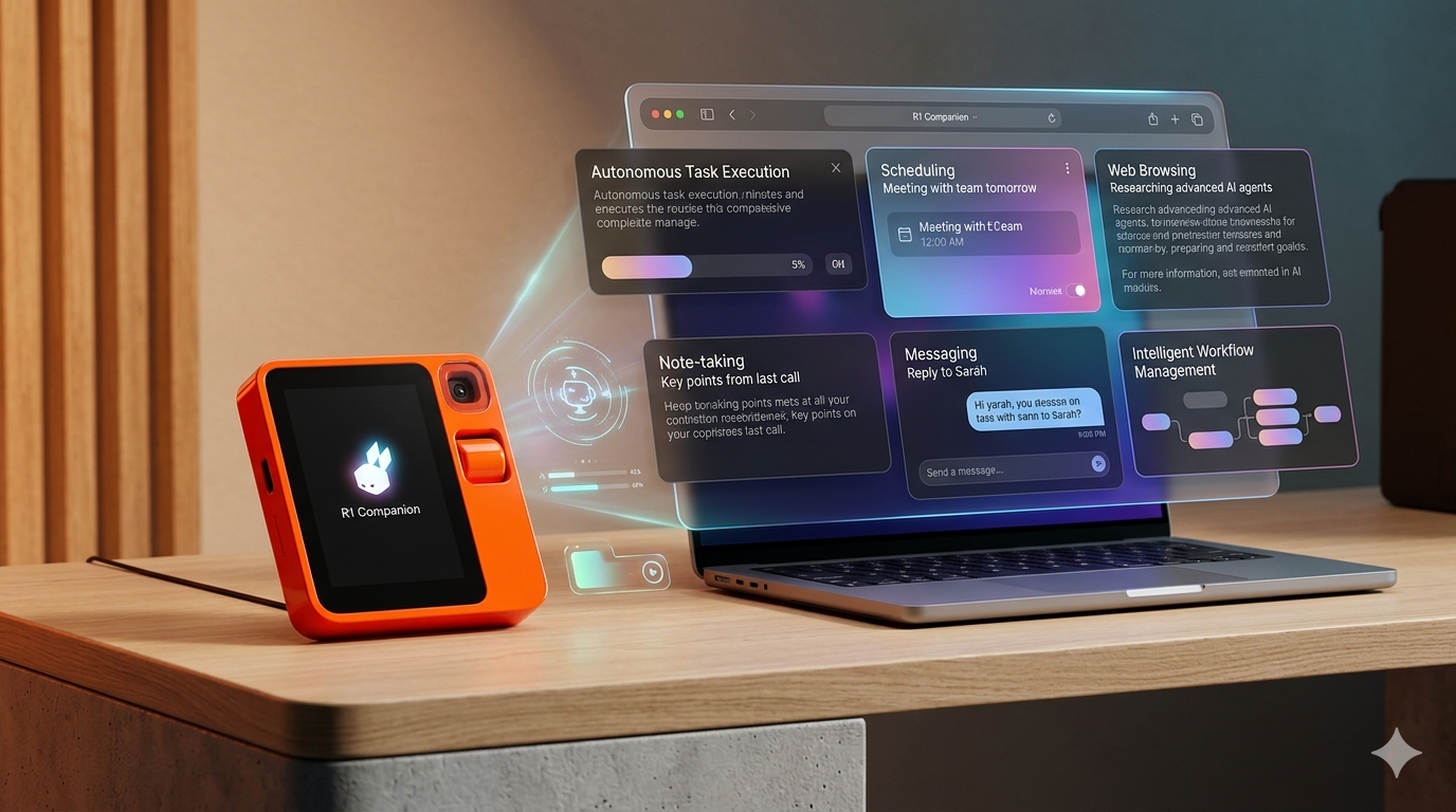 Photo of Rabbit R1 hardware device alongside a screenshot of a software-based AI agent interface