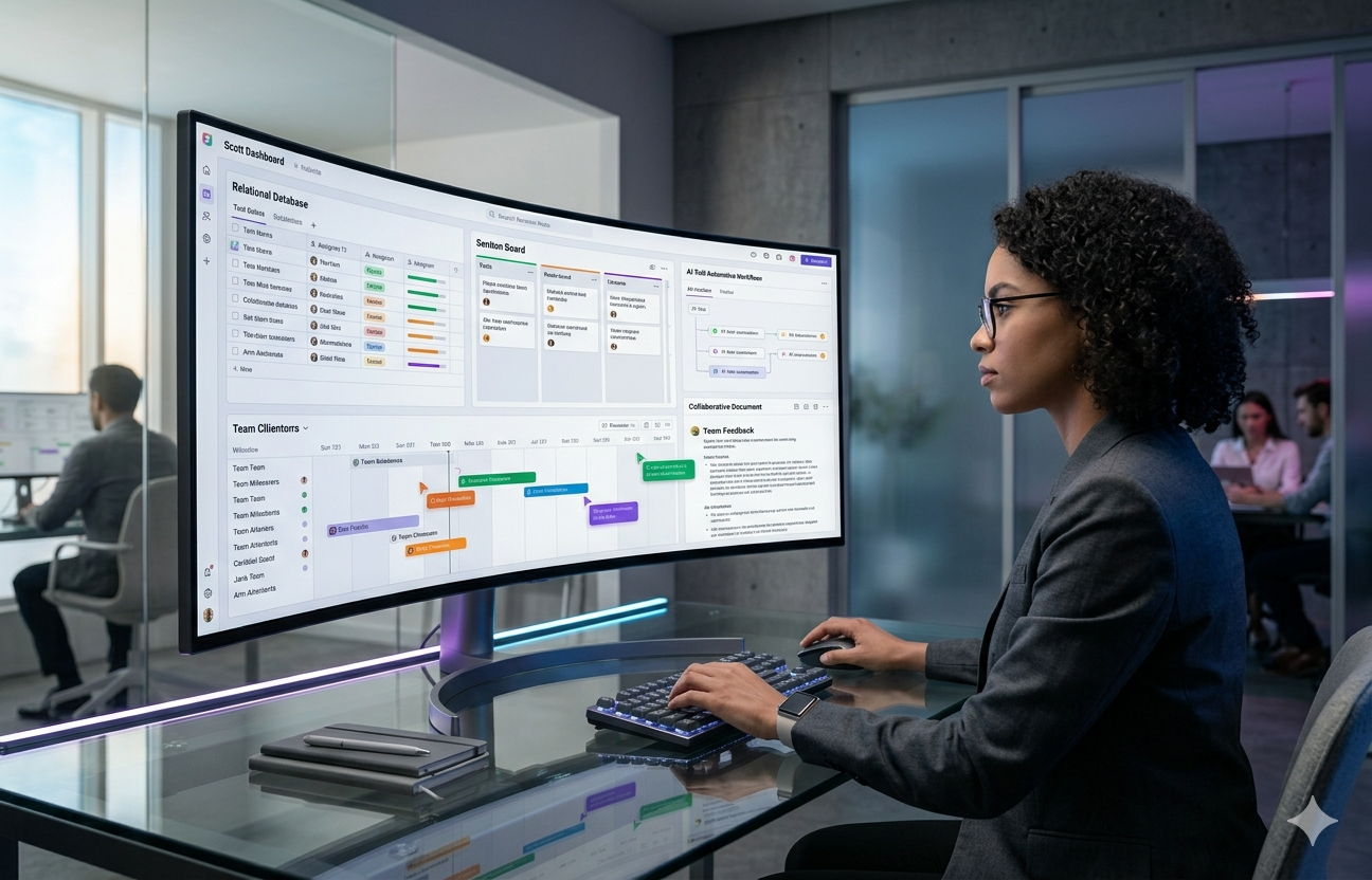 Notion workspace interface showing relational database tables, task management columns, status indicators, and collaborative project organization features
