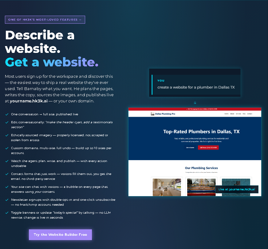 hk3k AI website builder showing a published creator portfolio site