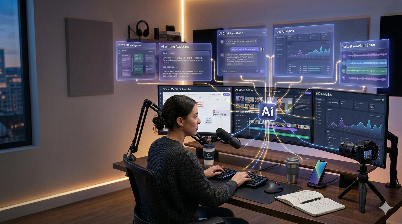 Content creator at a desk with multiple screens showing AI tools for a multi-tool workflow