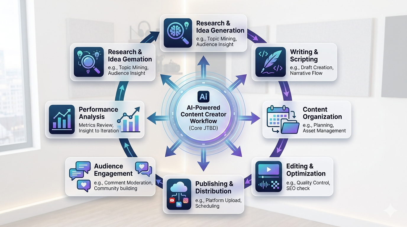 Jobs-to-be-done framework diagram for content creators showing seven job categories in a workflow cycle