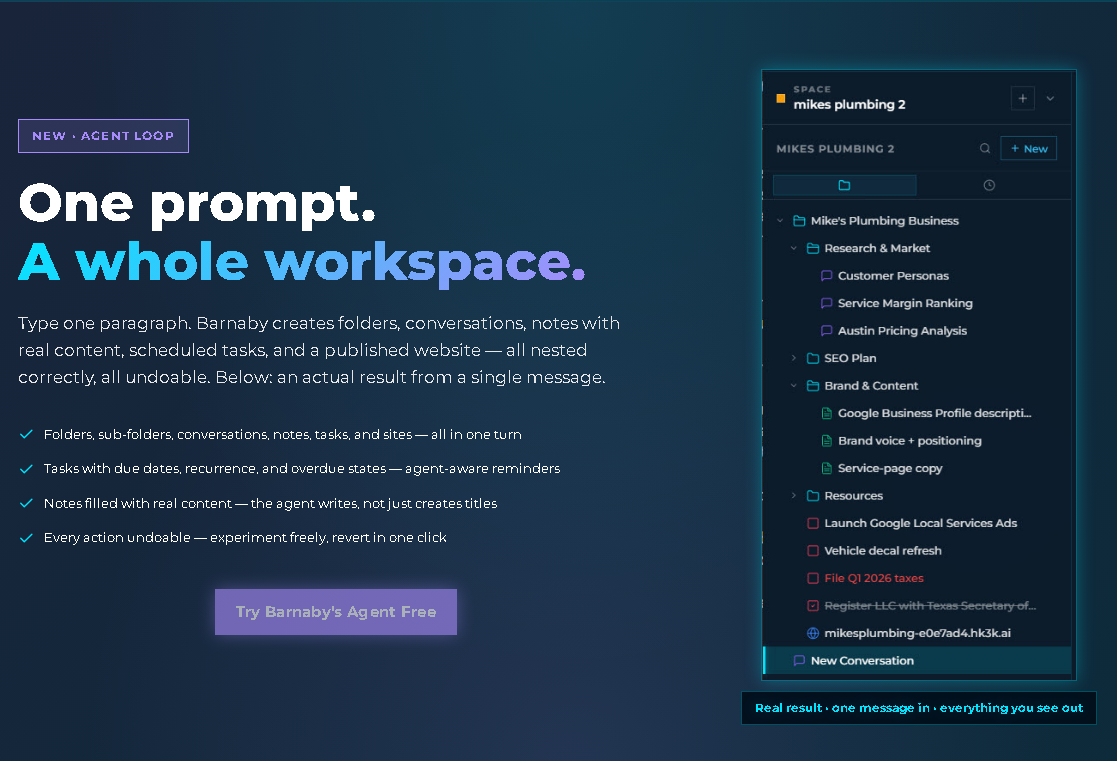 hk3k agent loop building a complete workspace from a single prompt, showing folders, notes, and tasks auto-generated