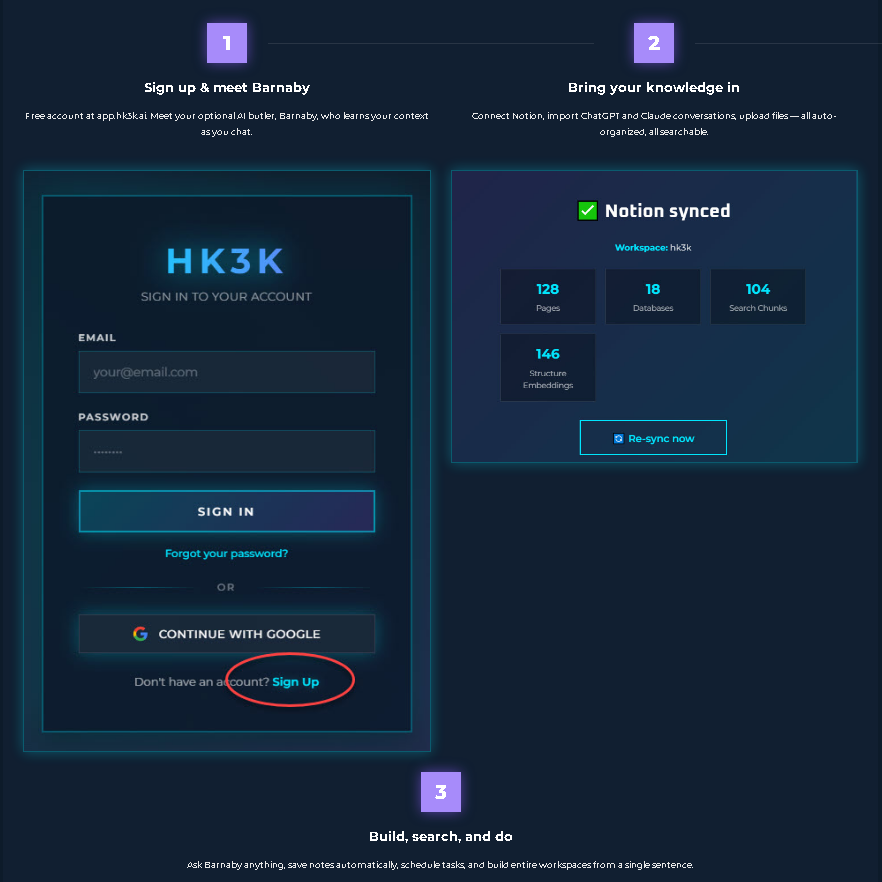 hk3k AI workspace showing a student research project with sources, notes, and drafts organized in one place