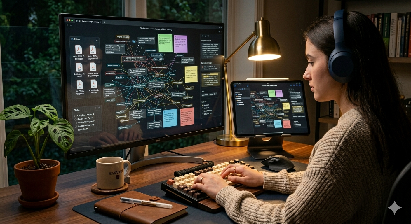 Student note-taking workspace showing organized research notes and linked documents