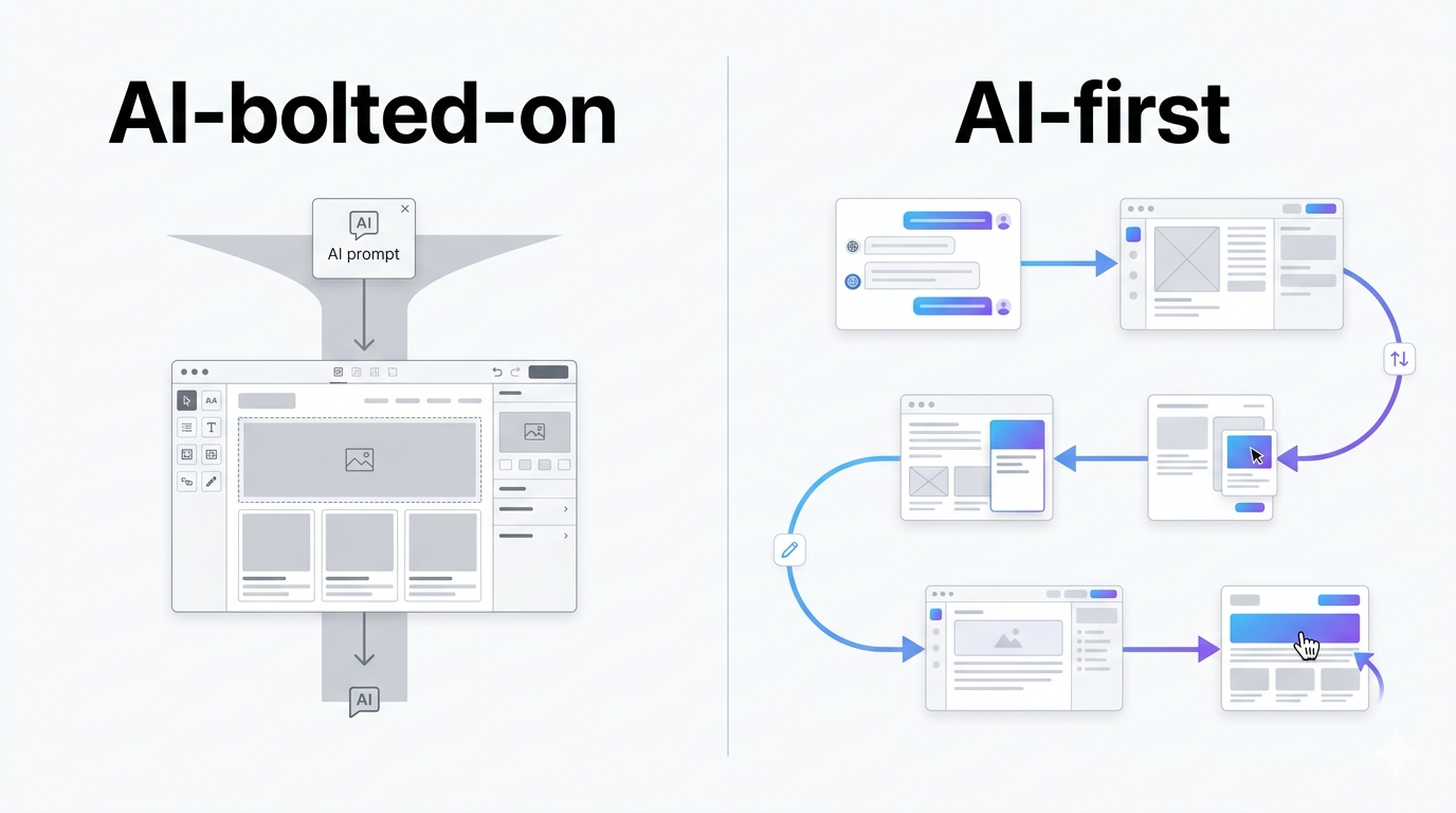 Diagram comparing AI-bolted-on vs AI-first website builder editing models.