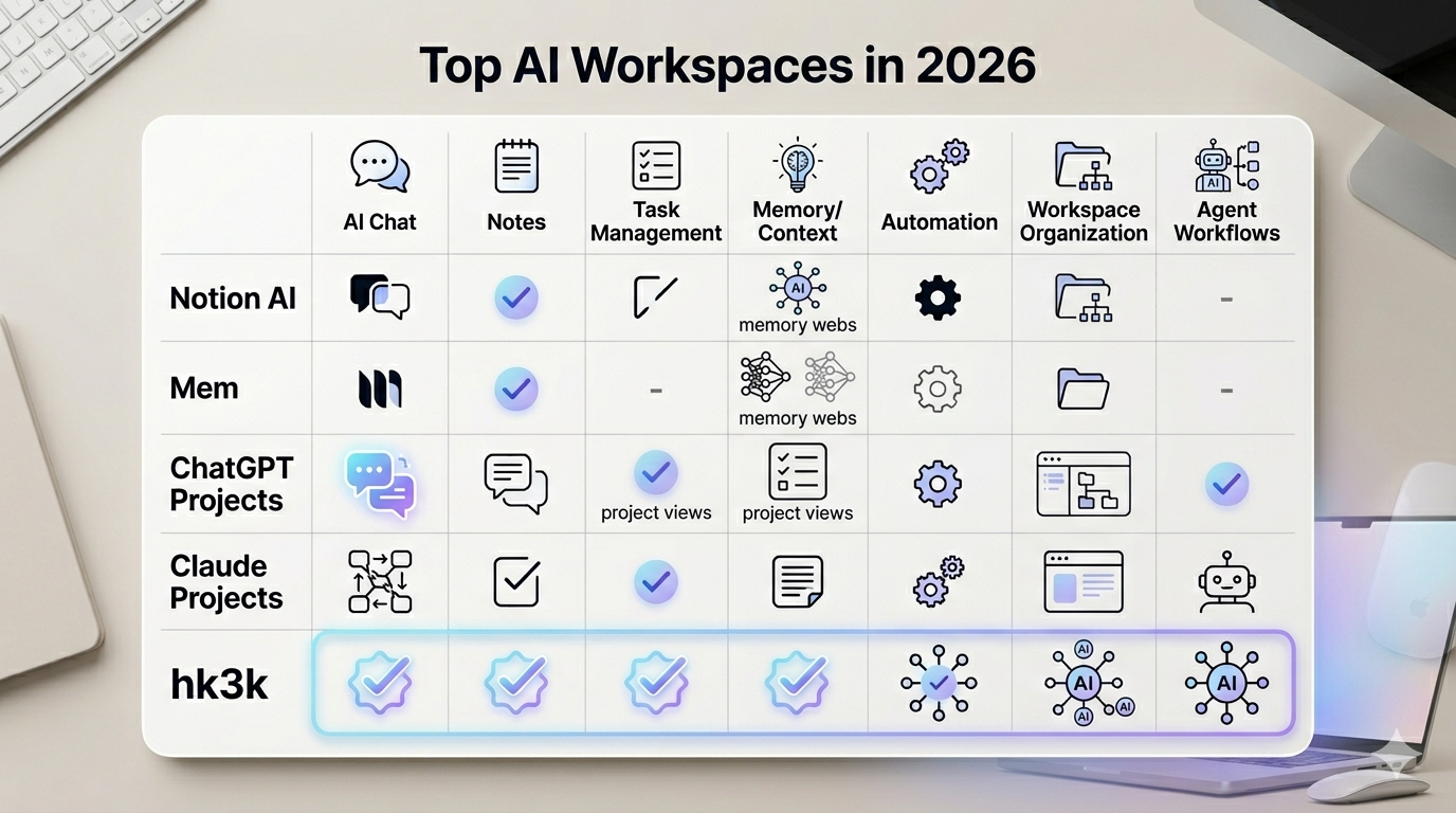Comparison chart of top AI workspaces in 2026 including Notion AI, Mem, ChatGPT Projects, Claude Projects, and hk3k across key features.