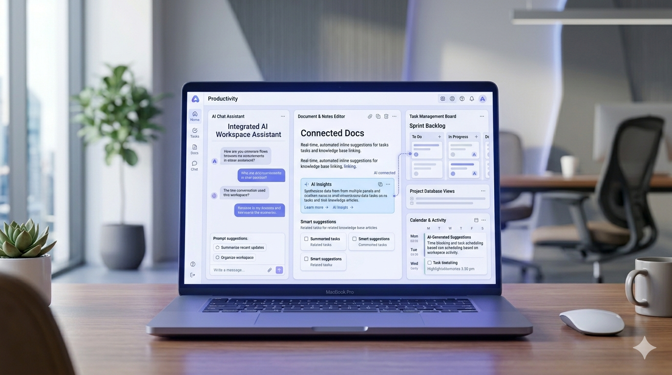 Overview of AI workspace tools in 2026 showing a unified interface with notes, tasks, and AI chat in one environment.