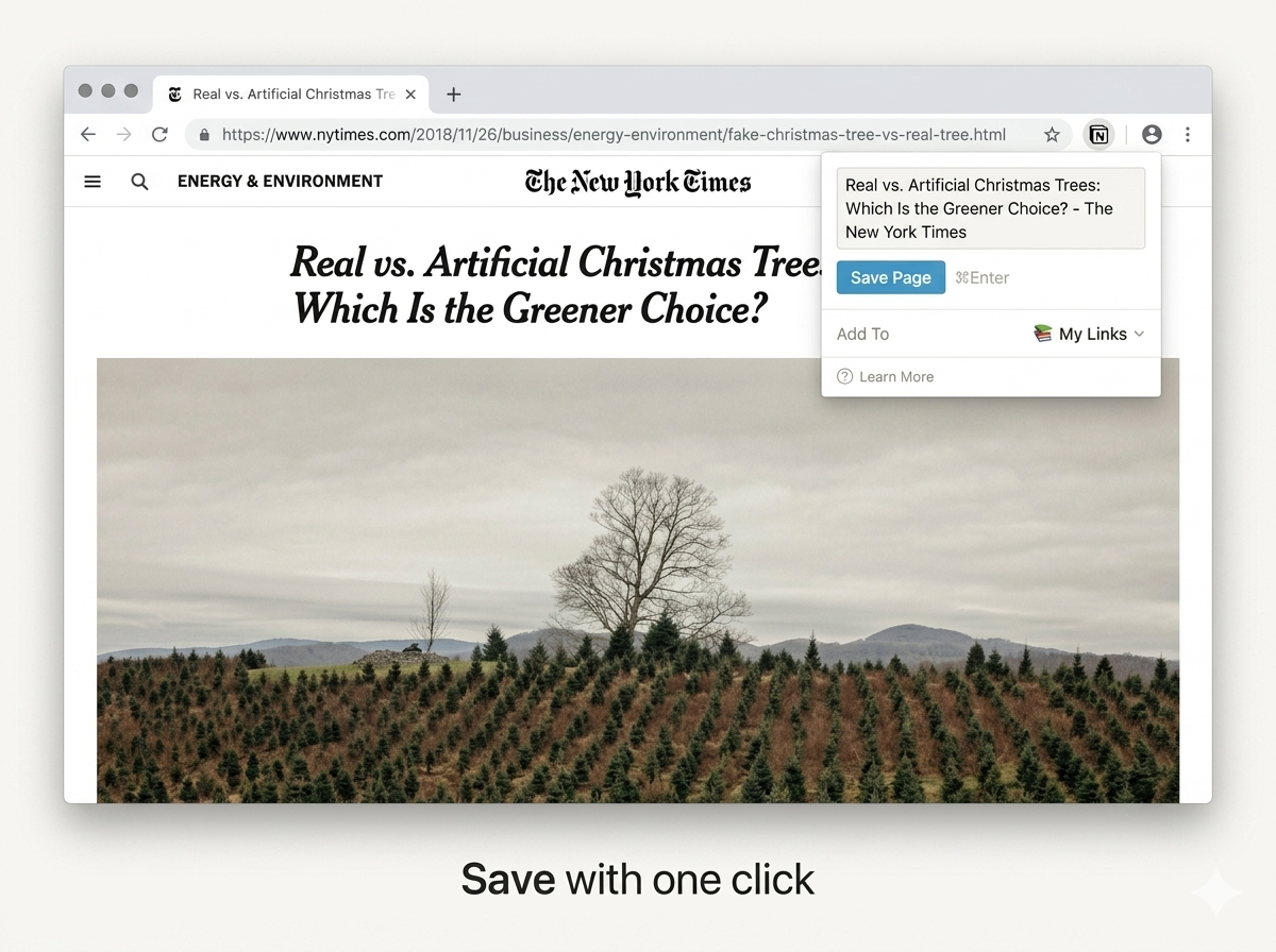Notion Web Clipper popup showing options to select workspace and database before saving a page.